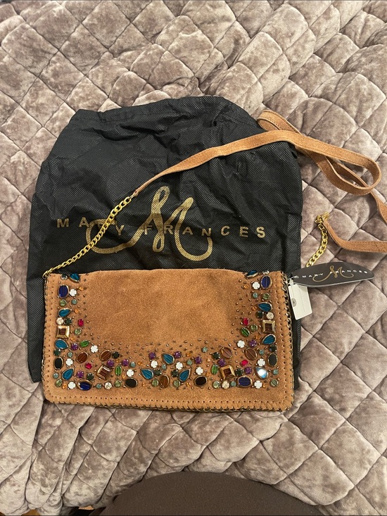 Mary Frances Handbags - Anthropologie Mary Frances Tan Suede Crossbody with Jeweled Embellishments